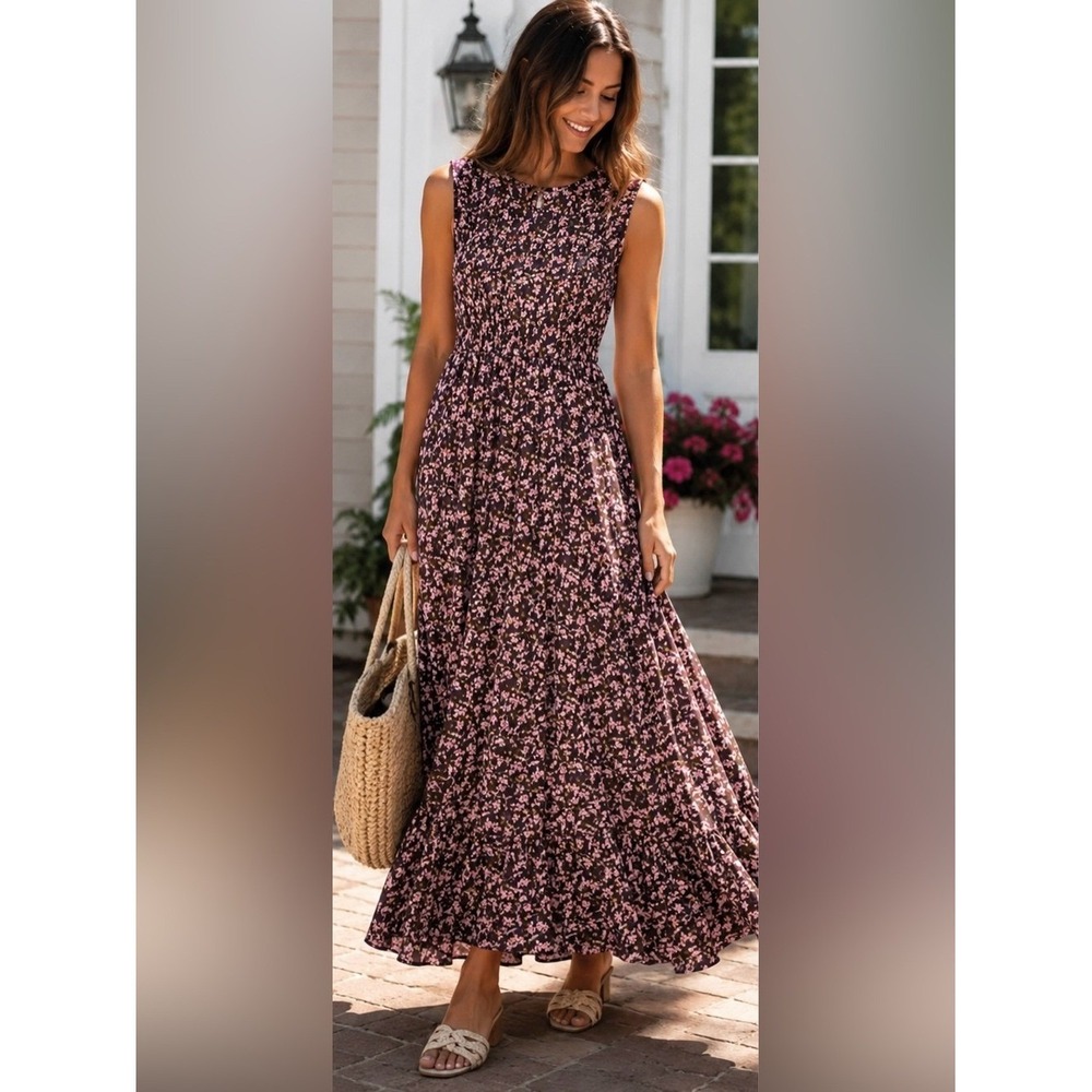 Caroline Constas Smocked Floral Maxi Dress Burgundy Pink Cotton Sleeveless S